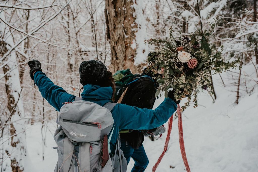 Hiking in snow wedding